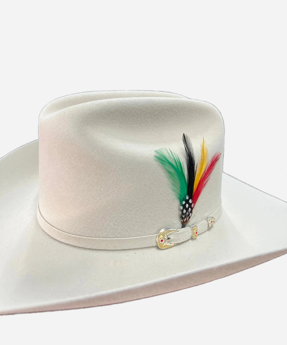 The Imperial 10X genuine mink Cattleman hat in a luxurious Silverbelly shade, showing the gold and sterling silver buckle with genuine diamonds.